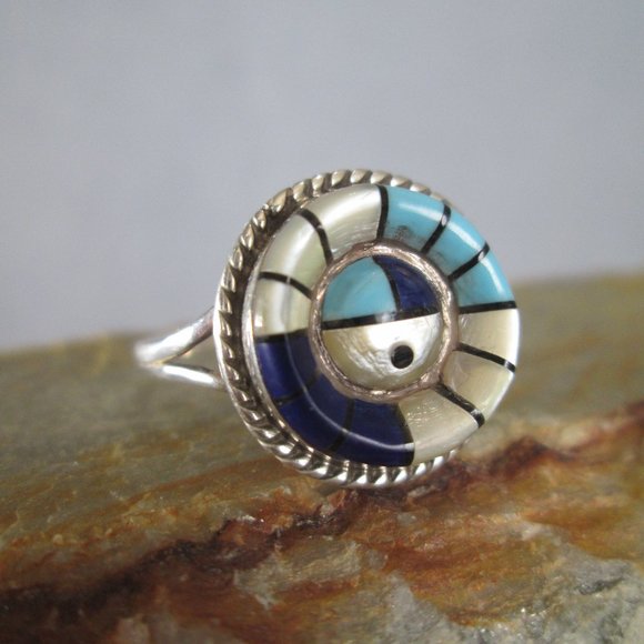 Zuni Sunface Ring, Turquoise Lapis Mother Of Pearl Onyx, Frank Yazzie Design - Picture 4 of 8